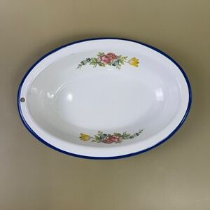 Vintage Cinsa Enamel Basin – Floral Motif with Blue Rim | Made in Mexico